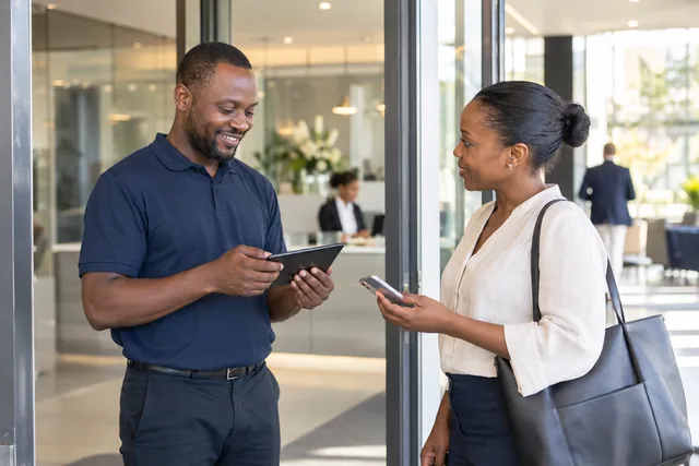 A visitor shares her pass with an entrance operator